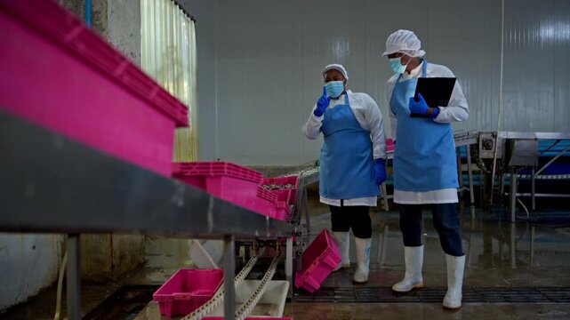 Both of quality control officer inspecting raw fish materials in a seafood processing factory before entering the production line