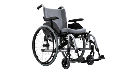 Modern gray wheelchair with black rubber tires adjustable armrests and padded seat, isolated on transparent background for accessibility concepts © Julie
