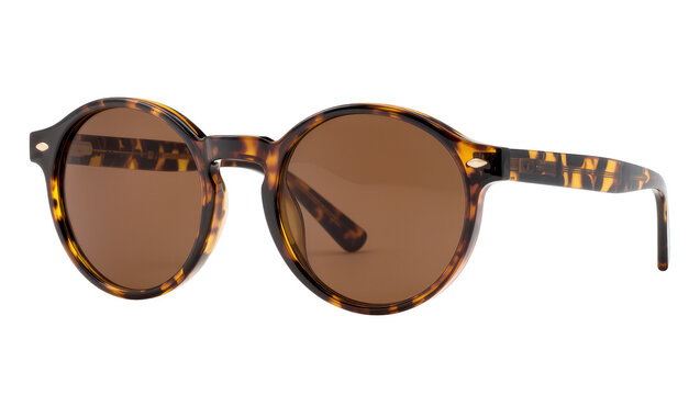 Stylish brown tortoise shell framed sunglasses with gradient amber lenses, isolated on transparent background for fashion advertising and design