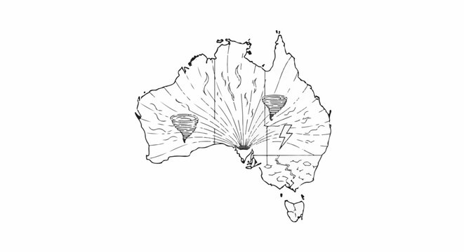Stylized map of Australia showing two cyclones and a lightning bolt