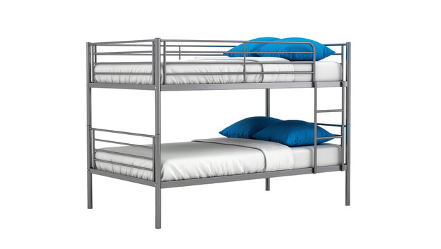 Modern silver metal bunk bed with crisp gray linen sheets and two vibrant blue pillows, isolated on transparent background for interior design
