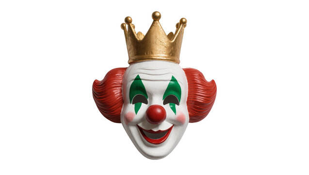 Vintage ceramic clown mask with vibrant red hair green eyes and a golden crown, isolated on transparent background for festive designs