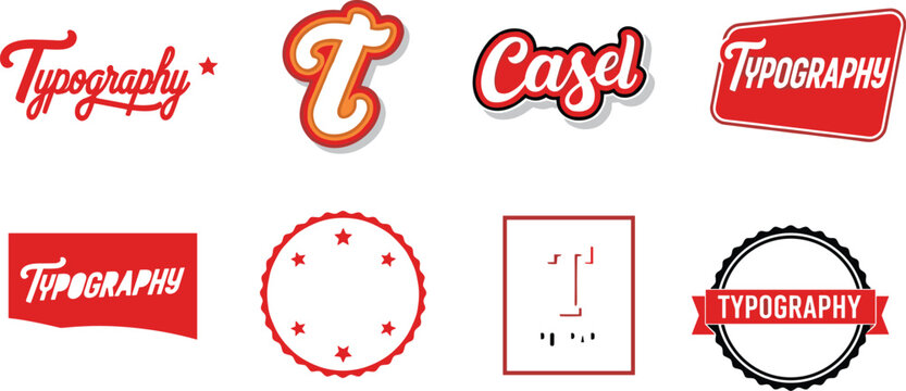 An assortment of vibrant red typography logos and designs showcasing various styles and arrangements of the word typography high quality professional detailed modern