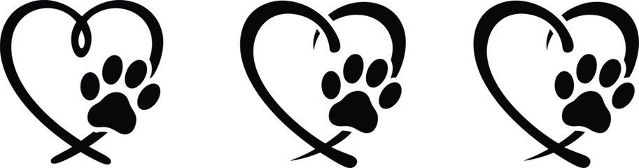 Pet love heart paw icons set, animal footprint inside heart symbols, veterinary care logo, dog cat affection vector illustration © MDMOSTAFIZUR