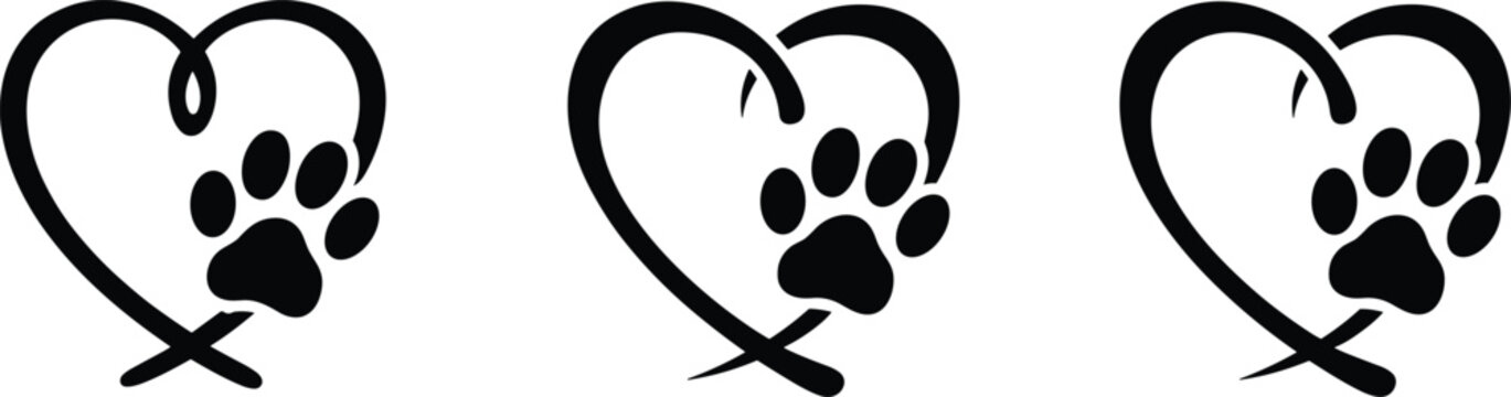 Pet love heart paw icons set, animal footprint inside heart symbols, veterinary care logo, dog cat affection vector illustration