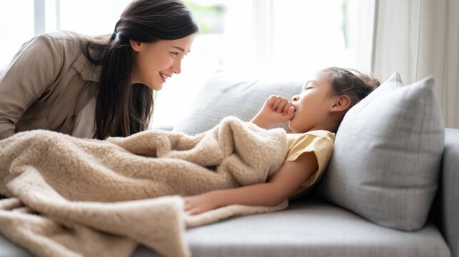 Parent comforting sick child coughing under blanket on living room sofa at home.