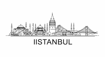 Fototapeta premium Black and white line art cityscape with prominent domes, minarets, and bridges