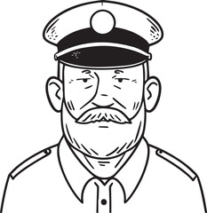 Obraz premium Hand Drawn Elderly Police Officer Man Black and White Illustration in Minimal Line Art Style Design
