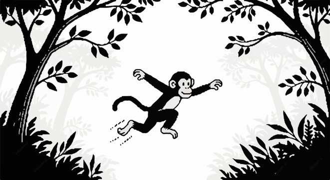 Cartoon monkey running through a silhouette forest at dawn