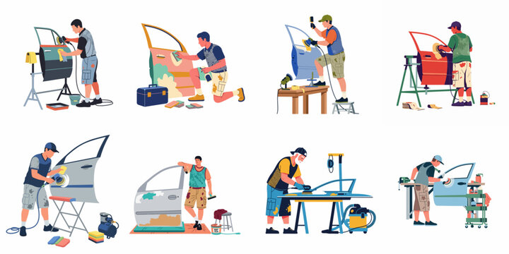 Set of auto body shop workers sanding, polishing, and repairing car doors, featuring professional tools and technicians in various car maintenance poses.