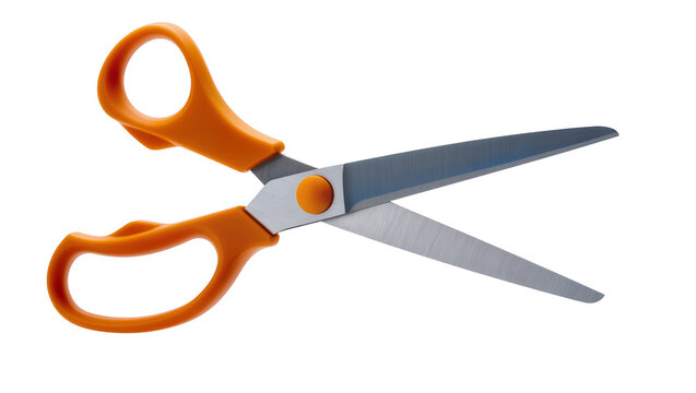 Bright orange plastic handled office scissors with gleaming stainless steel blades, isolated on transparent background for crafting and design projects