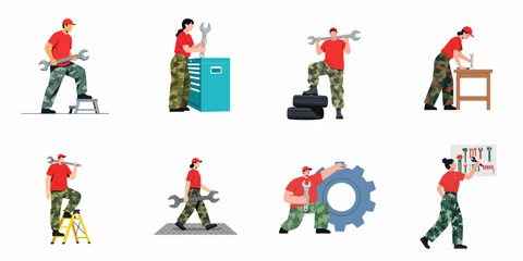 Naklejka premium Collection of Mechanic Characters in Uniform Using Tools Like Wrenches and Gears for Industrial Maintenance and Repair Service Concept Illustrations