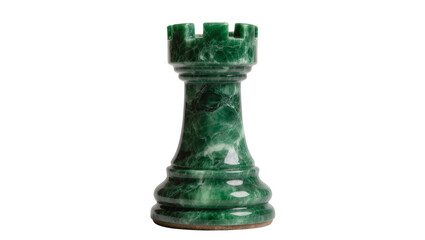 Luxurious green marble chess rook with intricate veining and a classic castle turret design, isolated on transparent background for game design elements © Julie