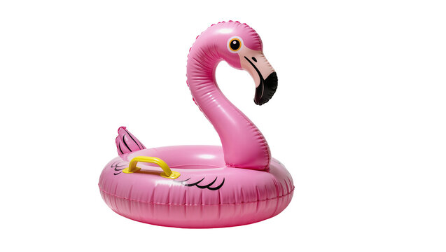 Vivid pink inflatable flamingo pool float with black beak and yellow details, playfully curved neck isolated on transparent background for summer promotions