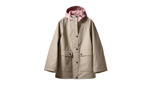Beige hooded rain jacket with pink lining featuring multiple pockets and black button closures, isolated on transparent background for apparel catalogs