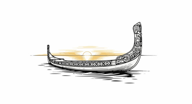 Ornate longship sailing on serene waters towards a setting sun