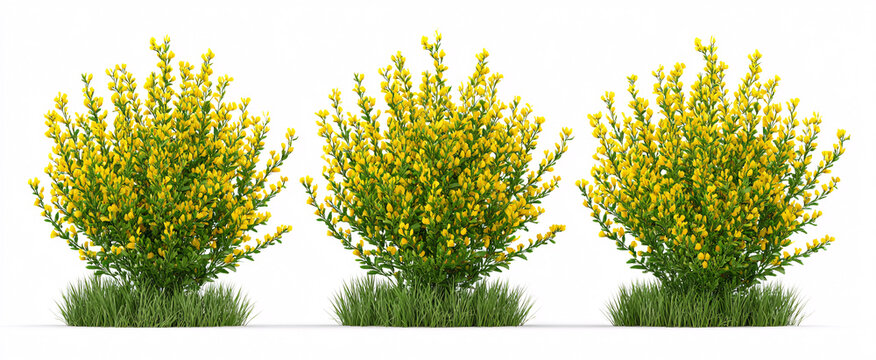 Embrace the beauty of 3 Cytisus scoparius bushes gracefully poised on a white backdrop