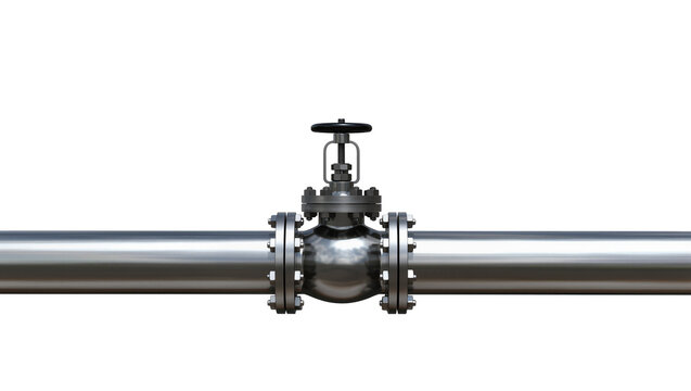 Metallic industrial pipe with a black ball valve, meticulously detailed and isolated on transparent background for engineering diagrams