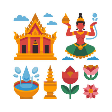 Flat Icon Set &ndash; Temple, Apsara Dancer, Water Bowl, Flowers, Khmer Festival Symbols

