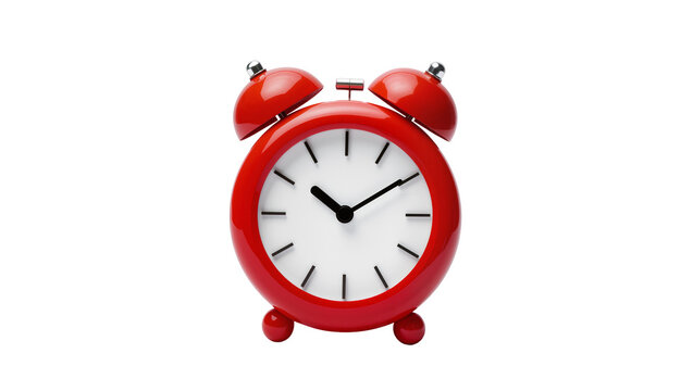 Vivid red classic twin-bell alarm clock with black hands showing quarter past ten, isolated on transparent background for time management concepts