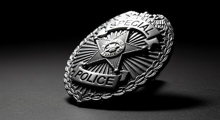 Fototapeta premium Close-up, Dramatic Studio Shot of a Shiny, Metallic Police Badge with a Star Emblem and the Word 'Police' Engraved on it, Against a Dark, Moody Background
