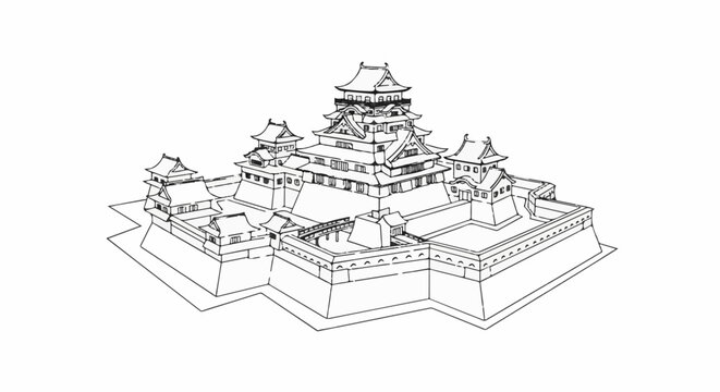 Detailed black and white sketch of a traditional Japanese castle with multiple tiers