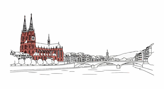 Historic riverside cityscape with grand cathedral and arched bridge