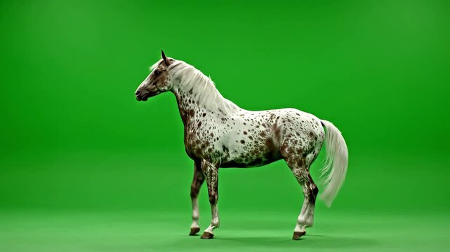 A stunning appaloosa horse stands gracefully against a vibrant green background, showcasing its unique coat pattern