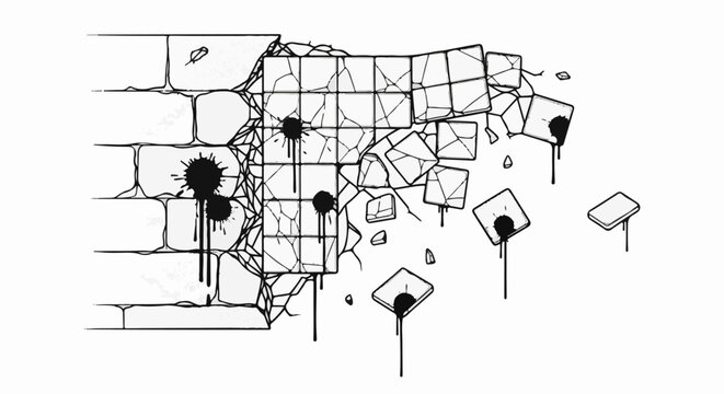 Crumbling brick wall with splatters of black liquid