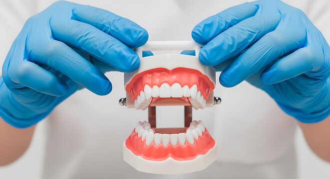 ​A person wearing blue latex gloves holding an open plastic model of human teeth for dental education.