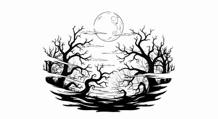 Fototapeta premium Eerie forest scene under a full moon with silhouetted trees