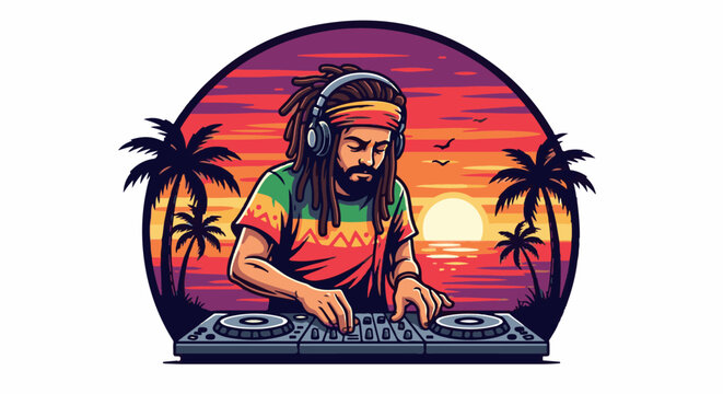 DJ with dreadlocks spins music at sunset with palm trees and ocean