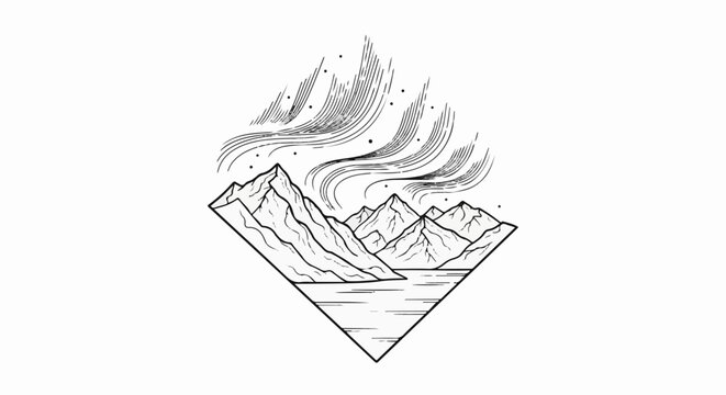 A geometric frame encloses mountains reflecting in water under the aurora