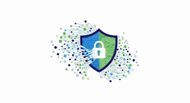 Digital shield with padlock, circuit board, and flowing data elements