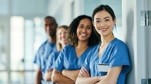 Smiling healthcare team in blue scrubs stands in a hospital corridor, conveying professionalism and teamwork.