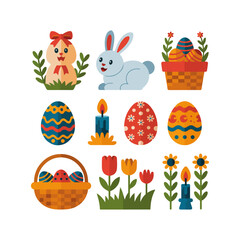 Obraz premium Flat Vector Icon Collection – Easter Eggs, Bunny, Basket, Candle, Spring Floral Symbols 