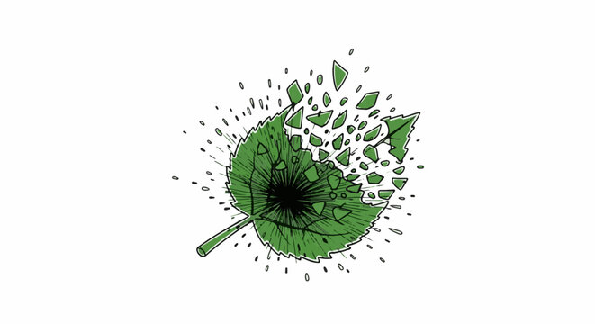 Green leaf exploding into fragments and specks