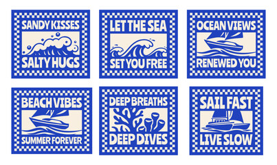 Set of Retro Summer Beach Vibes Flat Illustration for T-Shirt Print with Slogans, Vintage Tropical Apparel Sticker Design with Waves, Sailboat, Yacht, Coral, Coastal Travel Poster Badge Collection © Whiskerz