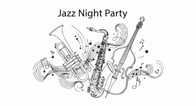 Musical notes and instruments art, jazz night theme