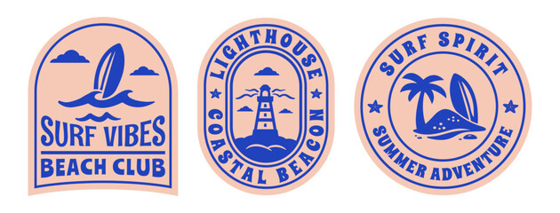 Retro Summer Beach Vector Illustrations with Surfboards, Lighthouse, Waves, Vintage Surf Club Logo Set for T-shirt Print, Posters, Coastal Designs © Whiskerz