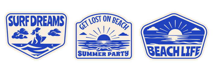 Retro Summer Beach Badges Vector Illustration with Phrases like “Surf Dreams”, Vintage Tropical Vacation Vibes Emblems for T-Shirt Print, Poster, Coastal Print, Logos, Stickers, Summer Clubs © Whiskerz