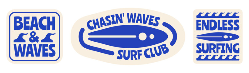 Retro Surf Vibes Vector Illustrations with Surfboards and Waves, Vintage Surf Club Logo Set for T-shirt Print, Posters, Coastal Designs  © Whiskerz