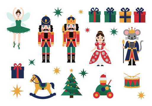 Nutcracker Ballet Character Set with Sugar Plum Fairy Mouse King and Christmas Toys Vector Illustration
