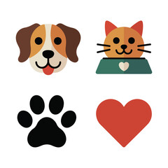 Obraz premium Flat Geometric Pet Icon Set: Dog, Cat, Paw Print, Bowl, and Heart Symbols 