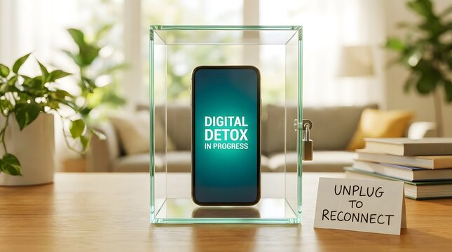 Digital Detox Concept Illustration Smartphone Encased in Glass Cube with 'Digital Detox in Progress' Message, Promoting Mindfulness and Disconnection for Mental Wellbeing