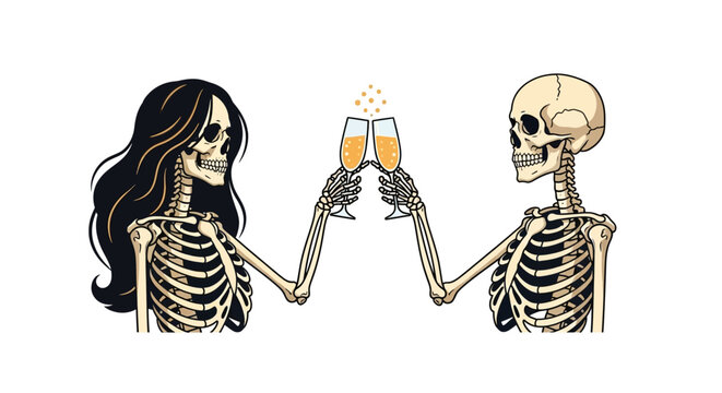 Romantic Skeleton Couple Toasting with Champagne Glasses, Eternal Love Illustration for Halloween, Wedding, and Anniversary Celebrations