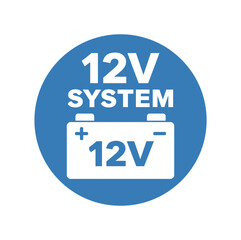 Fototapeta premium 12v system battery icon. 12v, car battery, electrical power, vehicle charging, automotive, voltage, terminals. flat vector illustration isolated on white background.