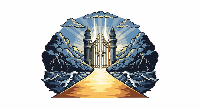 Ornate gates illuminated by divine rays, flanked by stormy clouds
