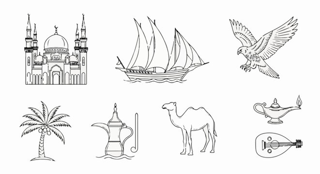 Line art illustrations of Middle Eastern symbols mosque, ship, eagle, palm tree, coffee pot, camel, lamp, lute