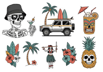 Retro Tropical Surf and Tiki Illustration Set - Vintage Beach Elements featuring Skeleton, SUV, Palm Trees, and Hibiscus Flowers for Summer Apparel and Decor © novitasari